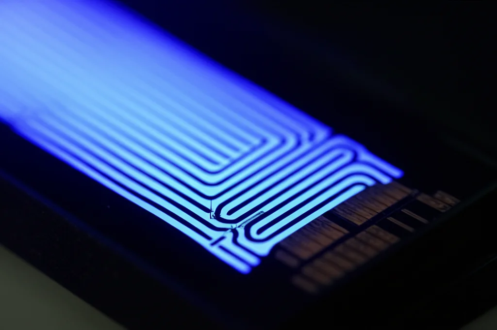 Fotografia macro di un chip fotonico complesso illuminato da luce bluastra su uno sfondo scuro, obiettivo macro 100mm, messa a fuoco precisa sui dettagli intricati delle guide d'onda in nitruro di silicio che si connettono al modulatore Ge/SiGe, illuminazione controllata per enfatizzare la tecnologia avanzata, alta risoluzione.