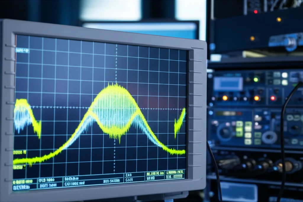 Immagine dinamica di un segnale dati a 100 Gb/s visualizzato come diagramma ad occhio su un analizzatore di comunicazioni digitali in un laboratorio high-tech, effetto motion blur leggero per indicare velocità, teleobiettivo zoom 150mm, fast shutter speed, focus sull'occhio del diagramma aperto e chiaro, sfondo con strumentazione elettronica.