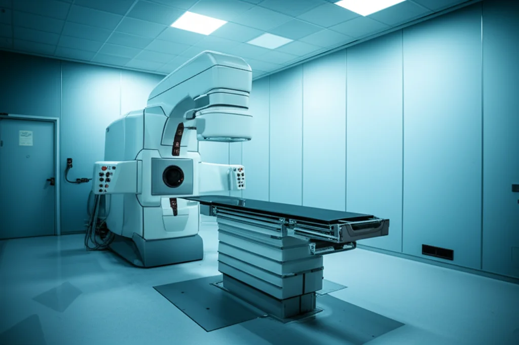 Immagine fotorealistica di una sala di radioterapia moderna. Un acceleratore lineare è posizionato sopra un lettino vuoto. L'illuminazione è controllata, creando un'atmosfera calma ma tecnologica. Obiettivo prime, 35mm, profondità di campo per mettere a fuoco l'acceleratore, toni leggermente freddi.