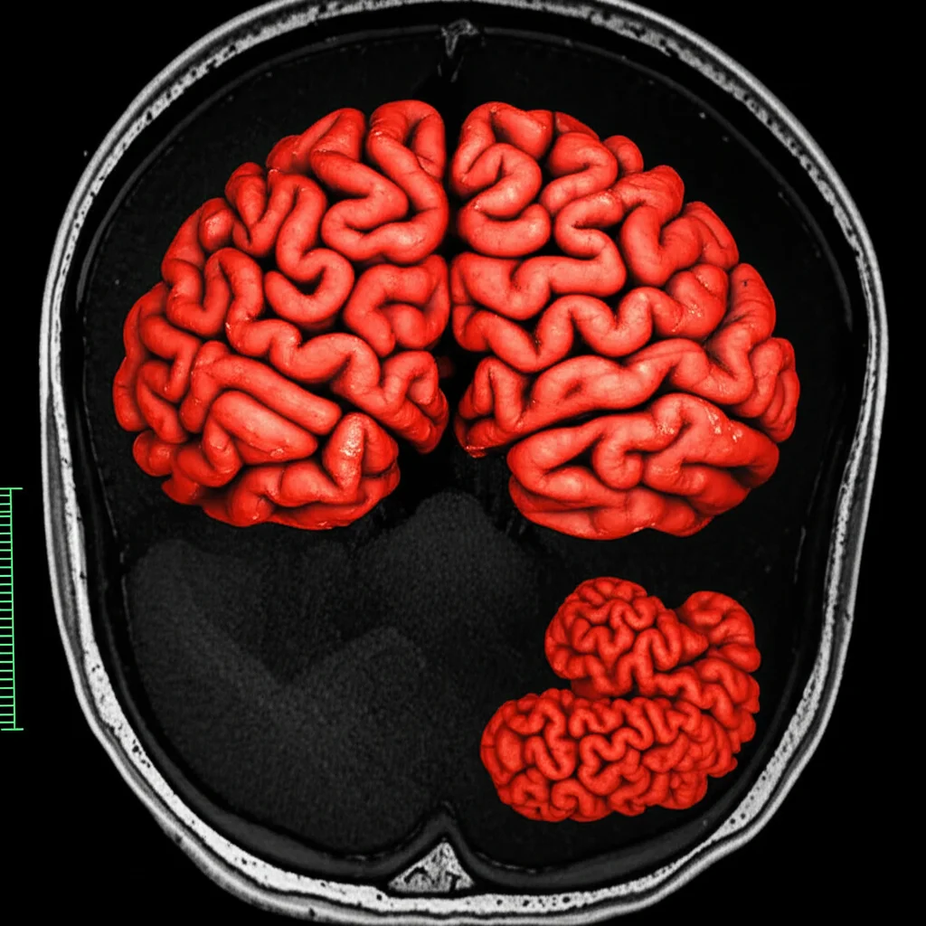 Immagine macro fotorealistica di un rendering 3D su schermo di un cervello con un glioblastoma segmentato. La parte che capta contrasto è evidenziata in rosso acceso. Lente macro, 100mm, alta definizione, illuminazione controllata per far risaltare i dettagli della segmentazione e del volume tumorale.