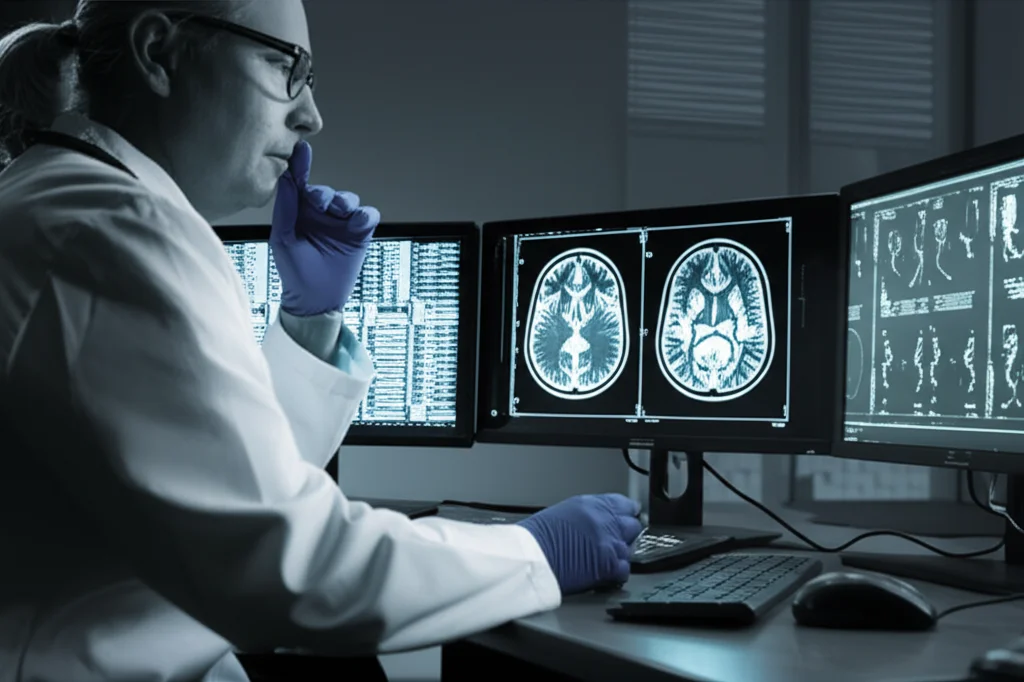 Ritratto fotorealistico di un neurochirurgo e un radioterapista che discutono davanti a immagini di risonanza magnetica cerebrale su un monitor luminoso. Espressioni concentrate ma collaborative. Lente prime, 35mm, profondità di campo moderata, luce ambientale da ufficio, bianco e nero per un effetto drammatico ma professionale.