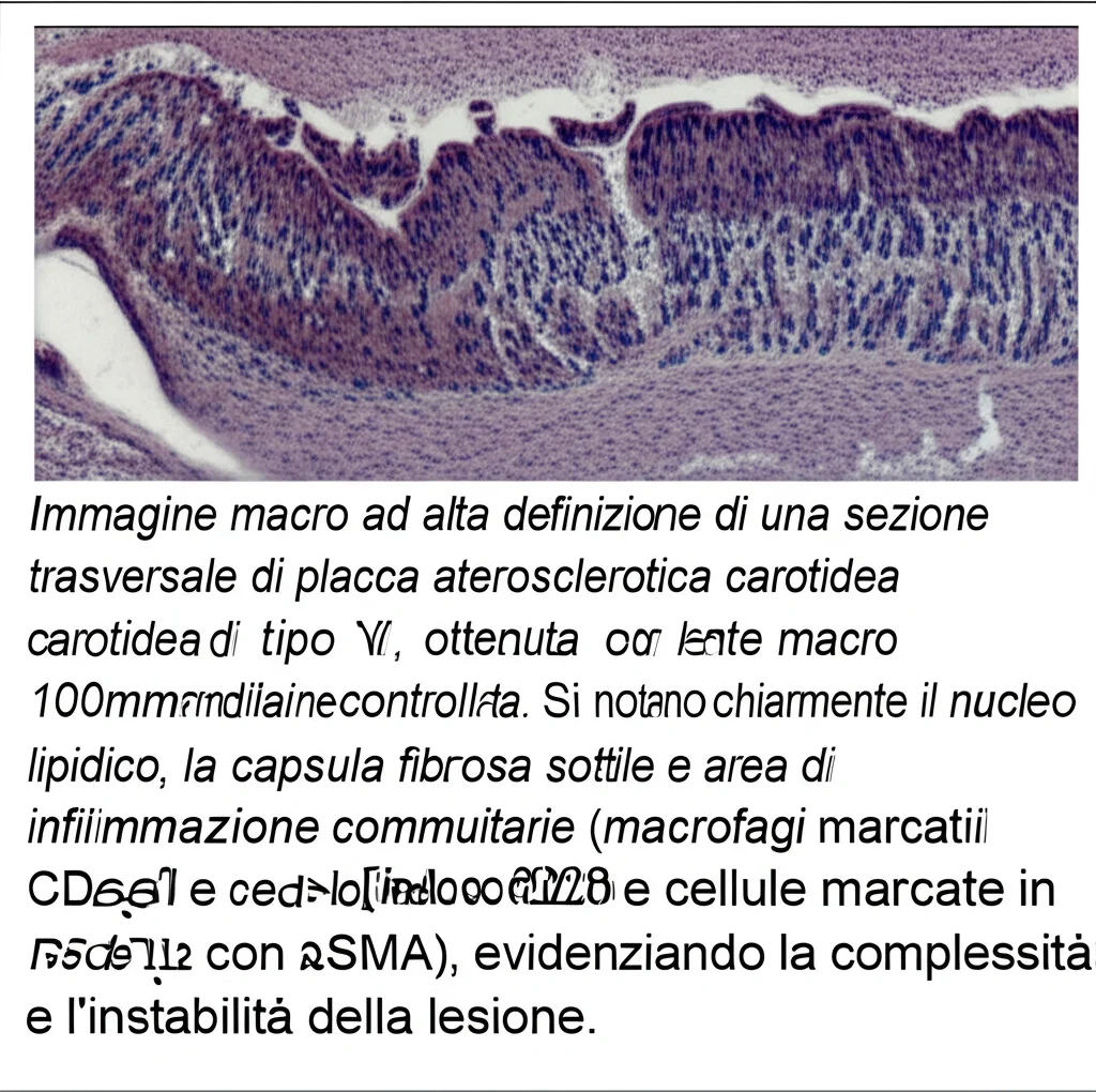 Immagine macro ad alta definizione di una sezione trasversale di placca aterosclerotica carotidea di tipo VI, ottenuta con lente macro 100mm e illuminazione controllata. Si notano chiaramente il nucleo lipidico, la capsula fibrosa sottile e aree di infiammazione con cellule immunitarie (macrofagi marcati in rosso con CD68) e cellule muscolari lisce (marcate in verde con αSMA), evidenziando la complessità e l'instabilità della lesione.