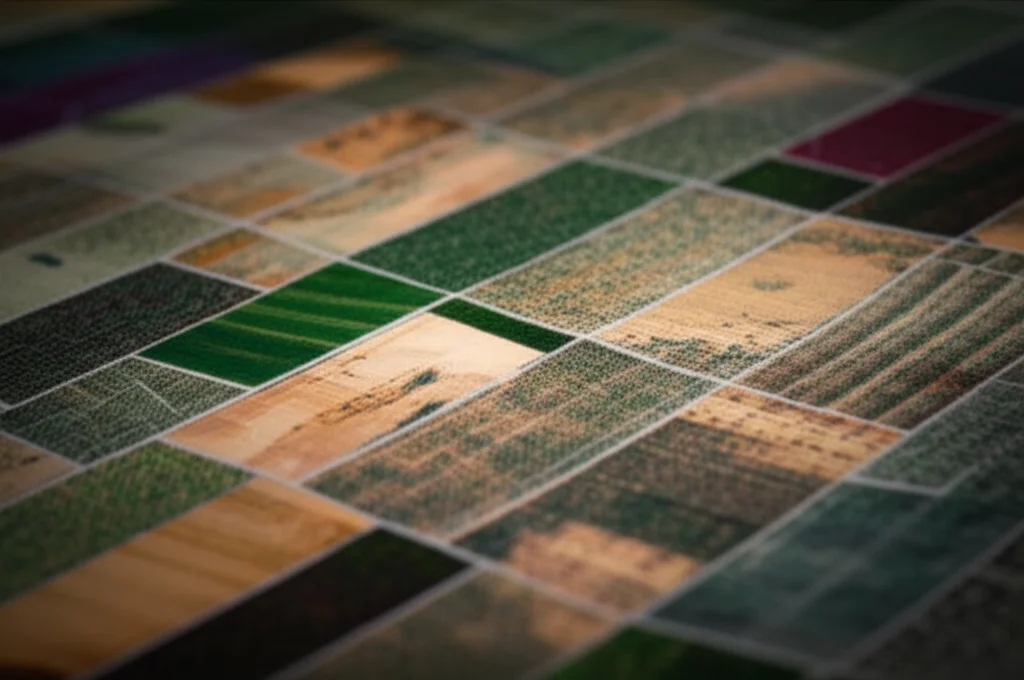 Visualizzazione concettuale di diverse mappe digitali (mappa delle colture, mappa dei pesticidi, dati statistici) che si sovrappongono e si fondono per creare una mappa finale più dettagliata. Illuminazione controllata, high detail, stile still life, focale 60mm macro.