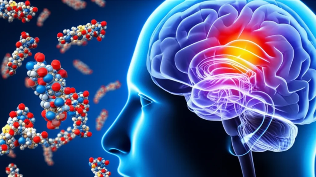 Visualizzazione concettuale fotorealistica del legame tra livelli proteici nel sangue e rischio di ictus. In primo piano, una rappresentazione stilizzata di molecole proteiche (come IL6R, CD44, SMAD3) che fluttuano nel flusso sanguigno, con un effetto di profondità di campo (prime lens, 35mm). Sullo sfondo, sfocato, un cervello stilizzato con aree che indicano un evento ischemico, a simboleggiare il collegamento causale studiato con la randomizzazione mendeliana.