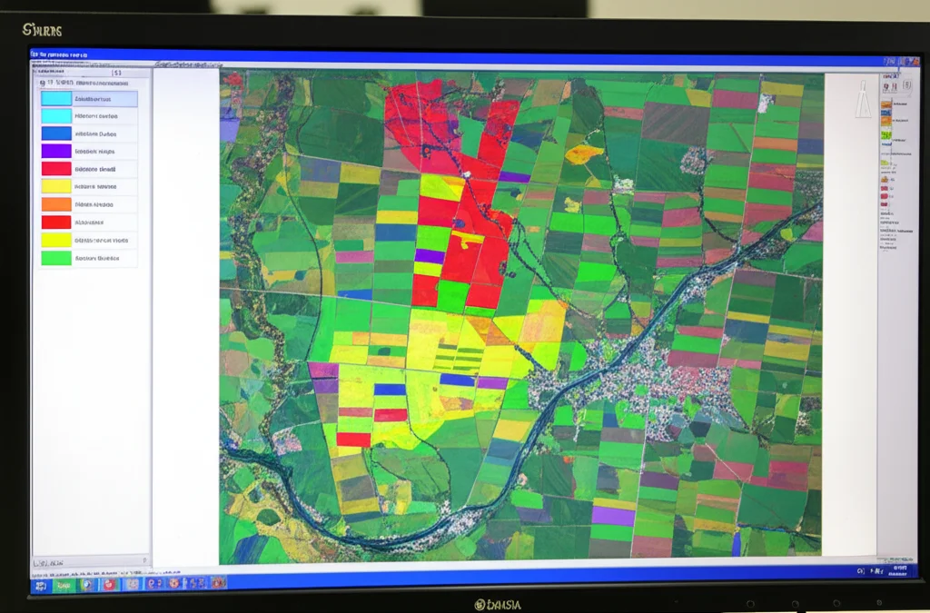 Primo piano di uno schermo di computer che mostra una mappa GIS dettagliata di un'area agricola italiana (es. Pianura Padana) con colorazioni diverse indicanti i tassi di applicazione di un erbicida come il glifosato, evidenziando la vicinanza a un fiume. High detail, precise focusing, luce ambientale da ufficio.