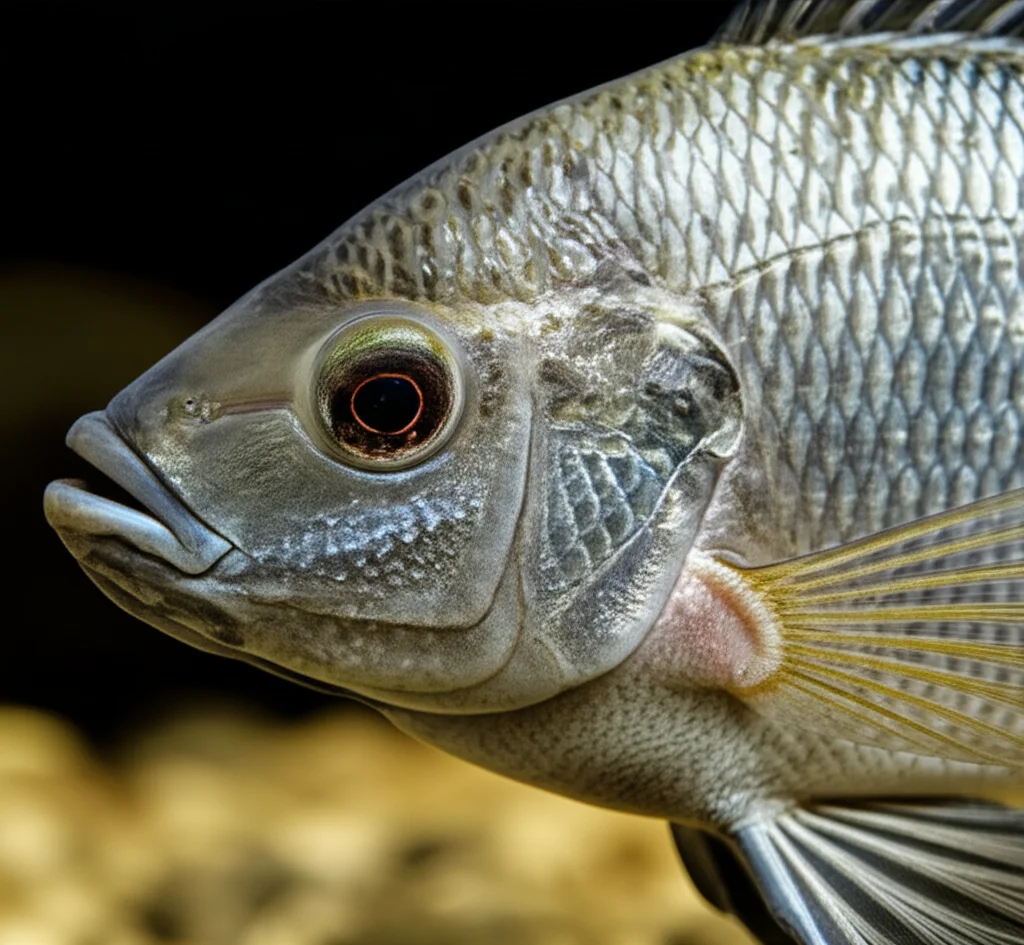 Fotografia macro di una Tilapia del Nilo (Oreochromis niloticus) sana che nuota in un acquario sperimentale. Illuminazione controllata, messa a fuoco precisa sui dettagli delle squame, obiettivo macro 100mm.