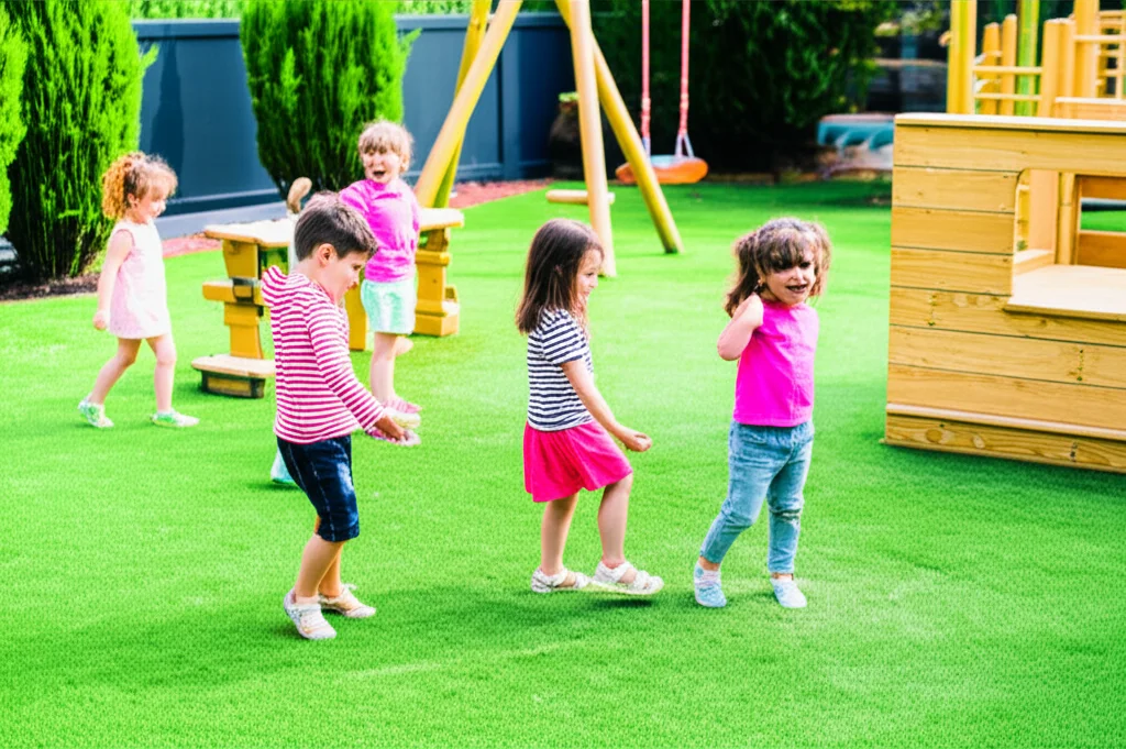 Un gruppo di bambini in età prescolare (3-5 anni) che giocano liberamente e felicemente in un giardino di un asilo nido ben curato, con attrezzature da gioco in legno e aree verdi. Luce solare naturale, colori vivaci. Obiettivo prime 35mm, profondità di campo per mettere a fuoco i bambini ma sfocare leggermente lo sfondo. Fotografia realistica.