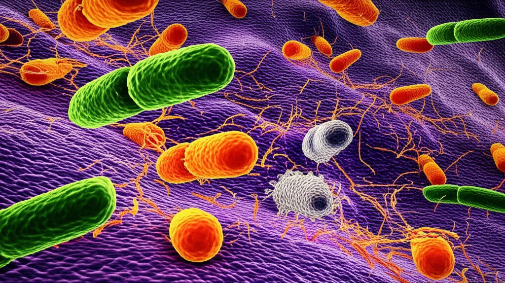 Visualizzazione artistica ma fotorealistica del microbiota intestinale di un pesce, con diversi tipi di batteri colorati. Stile microfotografia, alto dettaglio, illuminazione drammatica, obiettivo macro 60mm.