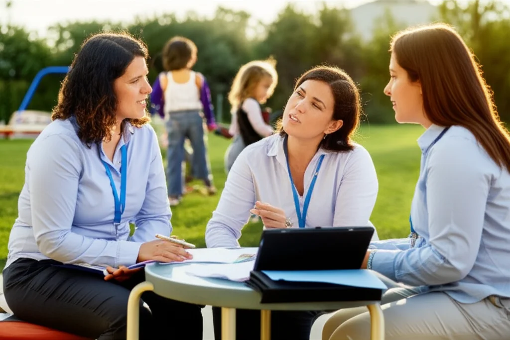 Due educatrici di asilo nido sorridenti che discutono sedute a un tavolino basso all'aperto, con appunti e forse un tablet. Sullo sfondo, bambini giocano. Luce calda del pomeriggio. Obiettivo zoom 50mm, stile documentaristico, colori naturali. Fotografia realistica.