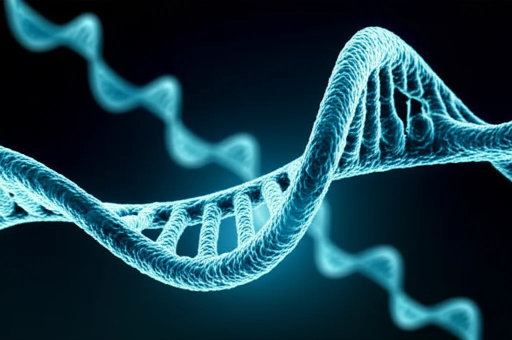 Immagine concettuale fotorealistica del sequenziamento del DNA, con eliche di DNA luminose su sfondo scuro. Alto dettaglio, messa a fuoco selettiva, obiettivo macro 90mm.