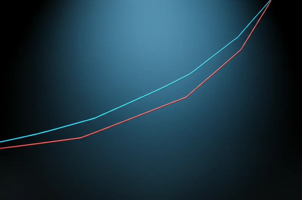 Grafico astratto che visualizza il concetto di Fattore di Capacità di Carico (LCF), mostrando una linea di biocapacità sopra una linea di impronta ecologica che però tende a salire pericolosamente. Illuminazione da studio controllata, lente macro 60mm, alta definizione dei dettagli.