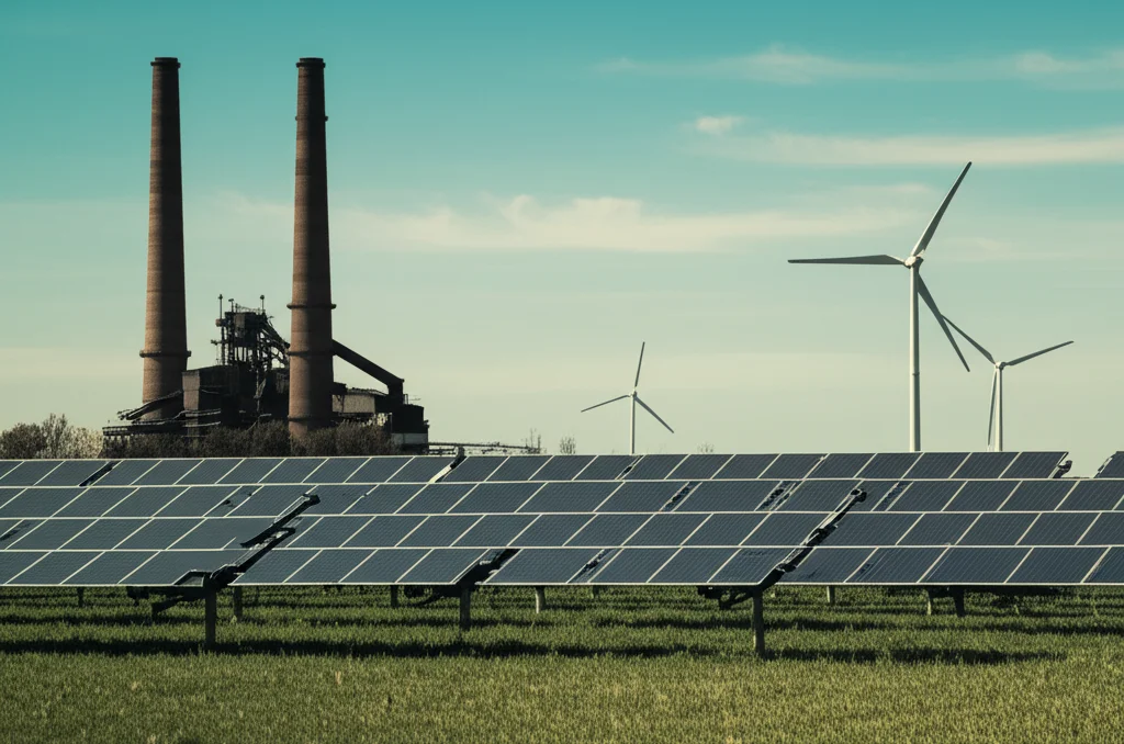 Un paesaggio che mostra la transizione energetica: da un lato una vecchia fabbrica con ciminiere (in bianco e nero, duotone grigio/marrone), dall'altro un campo eolico moderno e pannelli solari che brillano sotto il sole (a colori vivaci). Lente prime 35mm, profondità di campo che sfoca leggermente lo sfondo industriale.