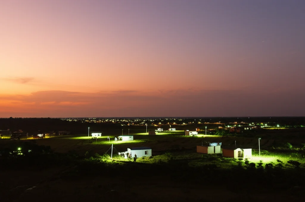 Paesaggio grandangolare di un'area rurale al tramonto in un paese in via di sviluppo, con piccole luci provenienti da abitazioni dotate di sistemi solari off-grid che iniziano ad accendersi. Cielo caldo, nuvole soffuse. Obiettivo grandangolare 15mm, lunga esposizione per catturare le luci e le nuvole morbide, messa a fuoco nitida sul paesaggio.