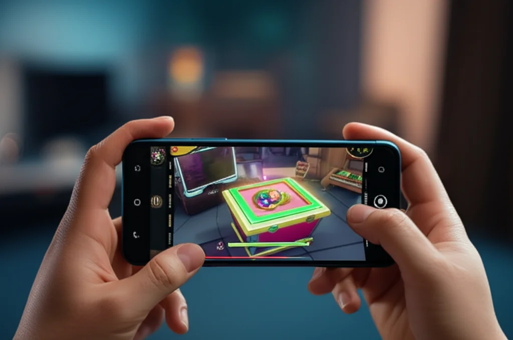 Primo piano di una mano che tiene uno smartphone con un videogioco aperto, in evidenza una loot box luminosa e colorata al centro dello schermo. Sfondo leggermente sfocato che suggerisce una stanza da gioco. Macro lens, 85mm, high detail, controlled lighting.