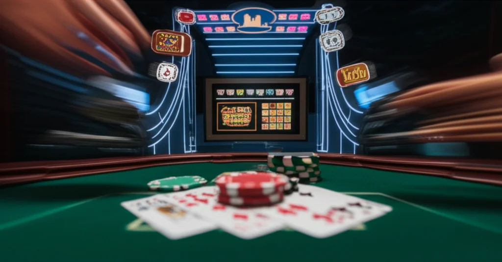 Immagine concettuale che mostra un ponte luminoso che collega uno schermo di videogioco con icone di loot box a un tavolo da gioco con fiches e carte da poker. L'atmosfera è un po' cupa, suggerendo il rischio. Wide-angle lens, 15mm, sharp focus sul ponte, leggero effetto motion blur sullo sfondo.