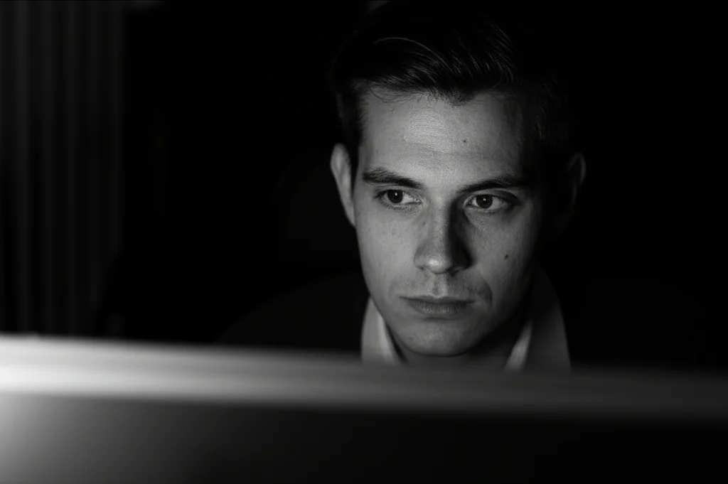 Ritratto di un giovane adulto (19-25 anni) con espressione preoccupata o pensierosa, illuminato dalla luce di uno schermo fuori campo su cui si intravedono elementi di un videogioco. Stile film noir, 35mm portrait, depth of field, bianco e nero.