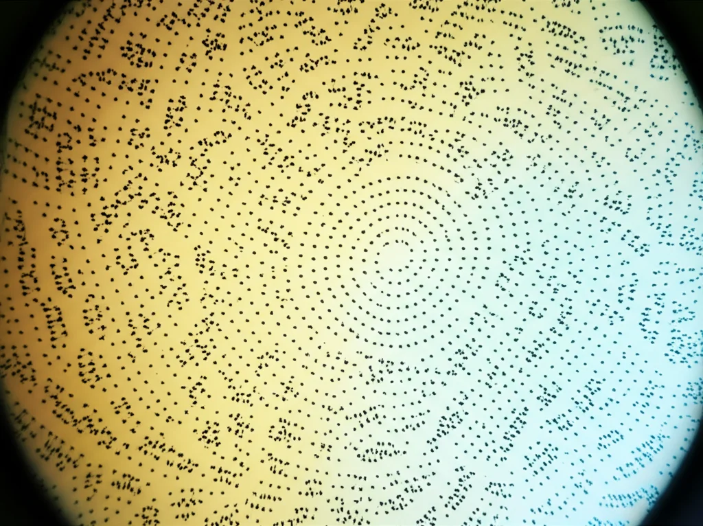 Visualizzazione astratta di nodi e pesi di una formula di quadratura di Szegő sul cerchio unitario, rappresentati come punti luminosi di diversa intensità sul cerchio, sfondo scuro con pattern matematici, lente macro 85mm, illuminazione controllata per evidenziare i dettagli.