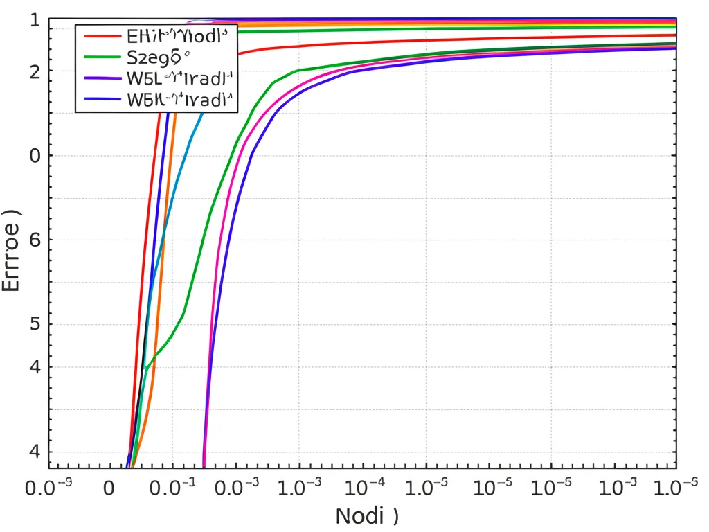 Grafico complesso che mostra la convergenza dell'errore di una formula di quadratura di Szegő al diminuire all'aumentare del numero di nodi, su sfondo logaritmico, colori vivaci per diverse funzioni test, stile grafico scientifico, alta risoluzione.
