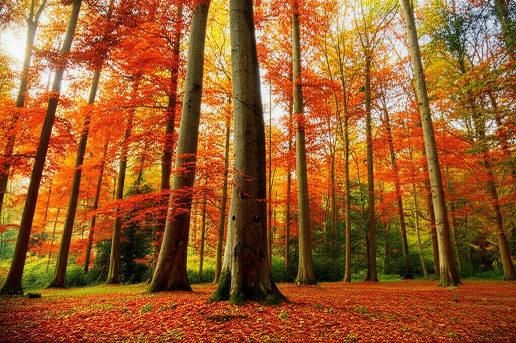 Paesaggio grandangolare di una foresta mista nel nord della Cina durante l'autunno, con colori vivaci e segni visibili di attività di roditori alla base di alcuni alberi. Obiettivo grandangolare 20mm, lunga esposizione per nuvole soffici, messa a fuoco nitida.