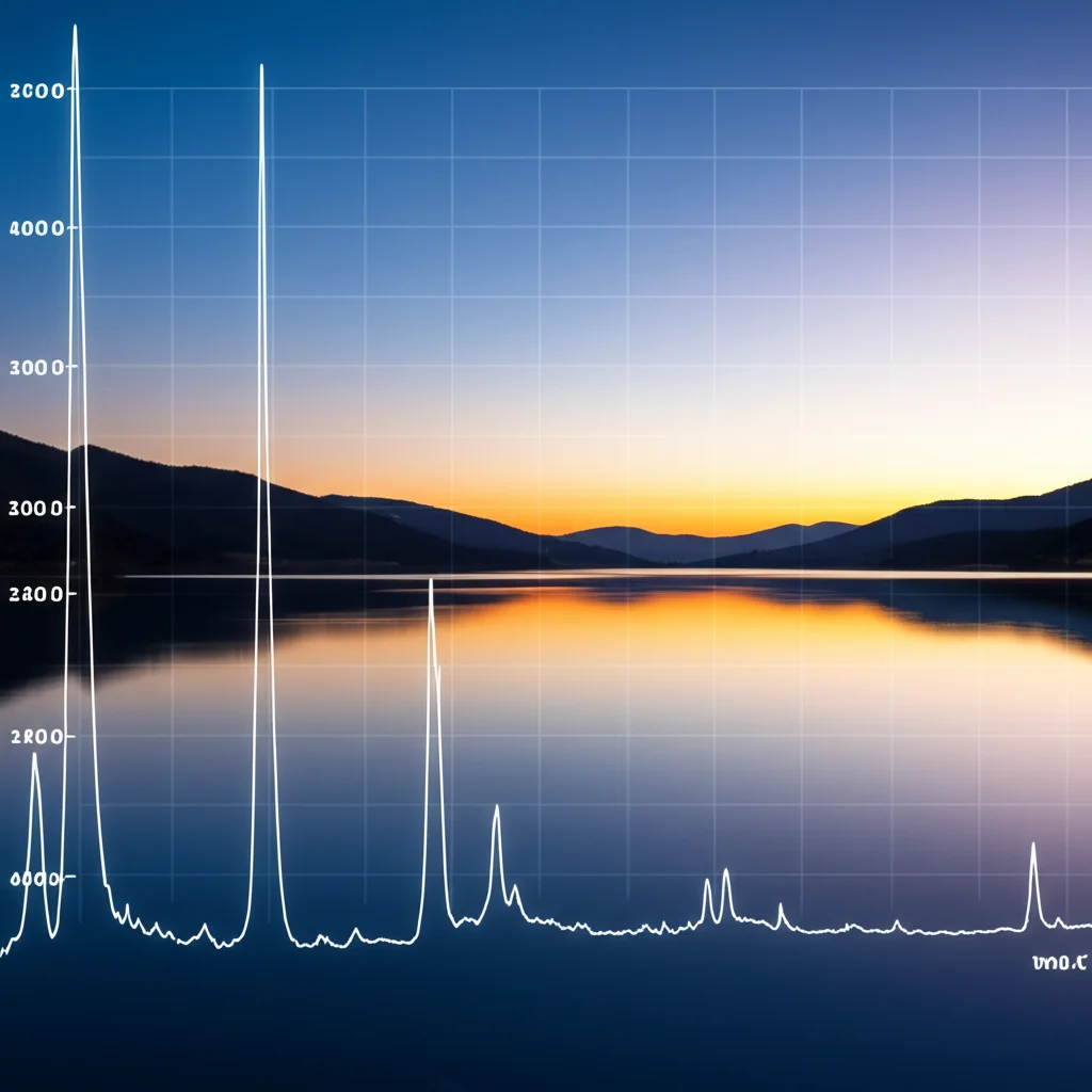 Fotografia grandangolare del lago Nandoni Dam in Sudafrica al tramonto, acqua calma che riflette il cielo. In sovrimpressione digitale semi-trasparente, un cromatogramma HPLC stilizzato con picchi. Obiettivo grandangolare 20mm, lunga esposizione per acqua liscia, messa a fuoco nitida sul paesaggio.