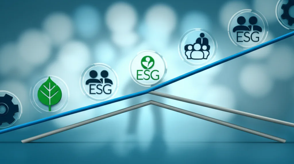 Grafico astratto che mostra una forbice stilizzata che si allarga tra due linee di tendenza salariale, una blu per i dirigenti in salita ripida e una grigia per i dipendenti quasi piatta, con simboli ESG (foglia, persone, ingranaggio) sullo sfondo. Illuminazione controllata, dettaglio elevato, obiettivo macro 80mm.