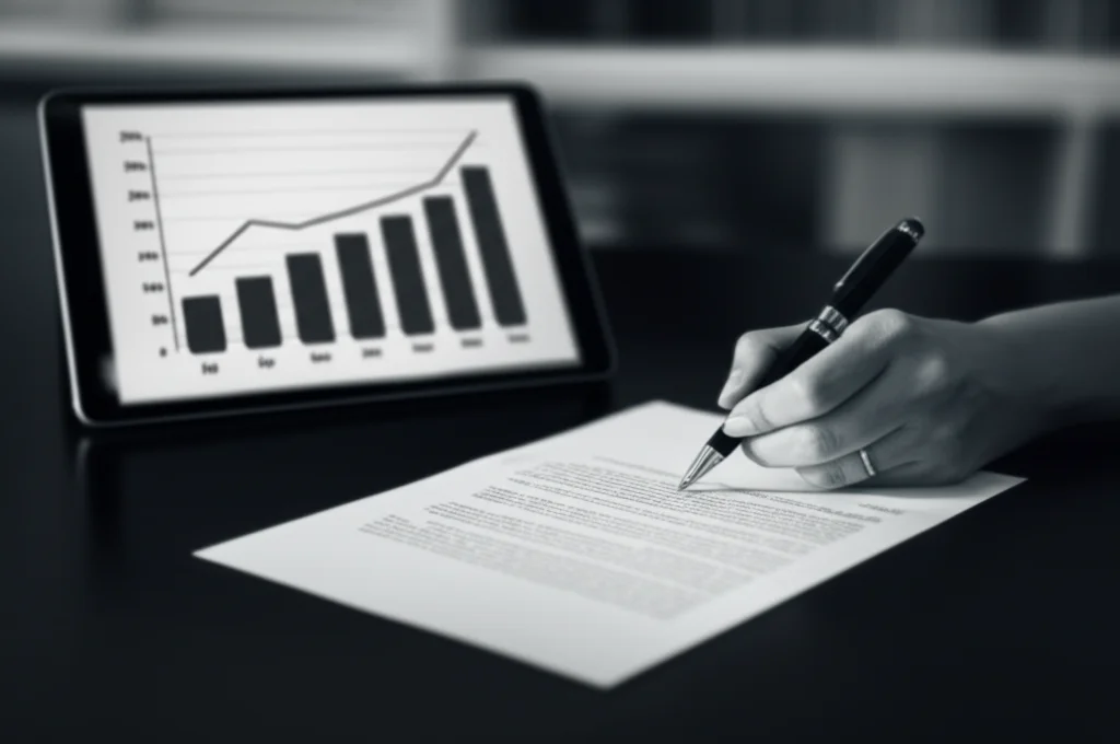 Primo piano di una mano elegante che firma un contratto di lavoro dirigenziale su una scrivania di legno scuro, con un grafico a barre di performance aziendale in crescita visibile su un tablet sullo sfondo. Stile film noir, bianco e nero, profondità di campo accentuata, obiettivo prime 35mm.