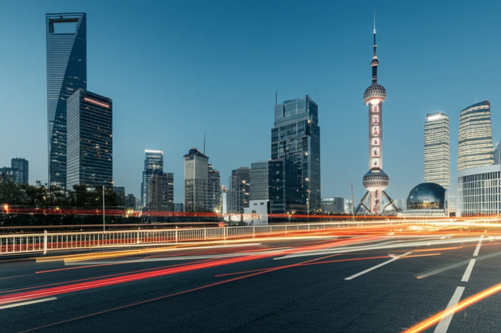Skyline notturno di Shanghai con grattacieli iconici illuminati, alcuni con loghi aziendali visibili. Fotografia grandangolare, obiettivo 15mm, lunga esposizione per creare scie luminose dal traffico sottostante, messa a fuoco nitida su tutto il panorama.