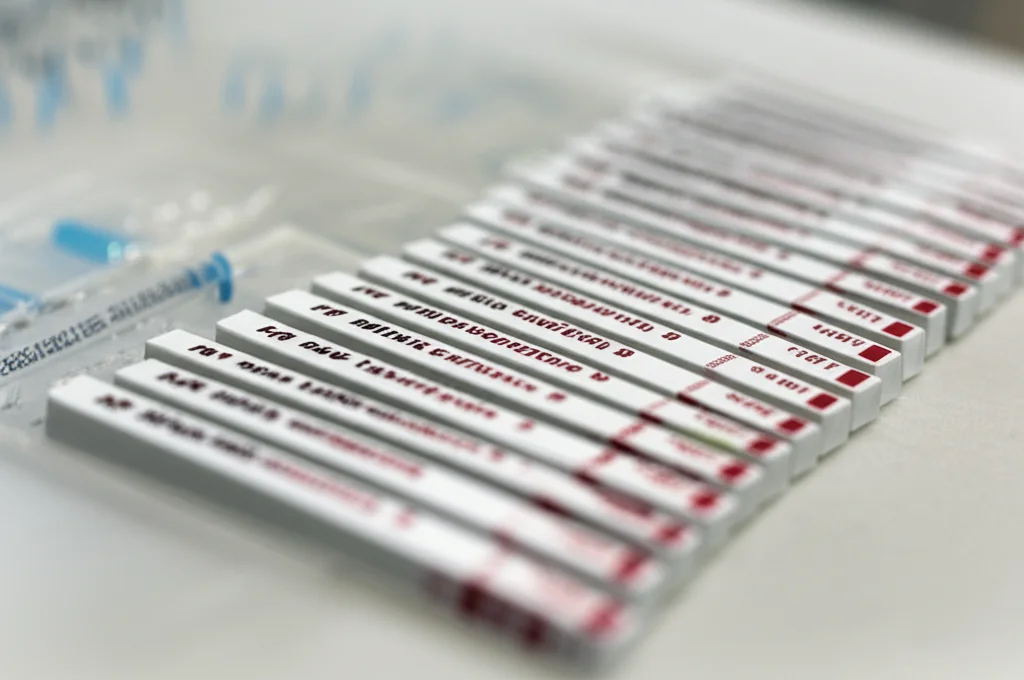 Primo piano di diversi test diagnostici rapidi per malaria ed epatite B su un bancone di laboratorio in un contesto clinico ghanese. Obiettivo macro 100mm, alta definizione, luce controllata per evidenziare i dettagli dei kit.