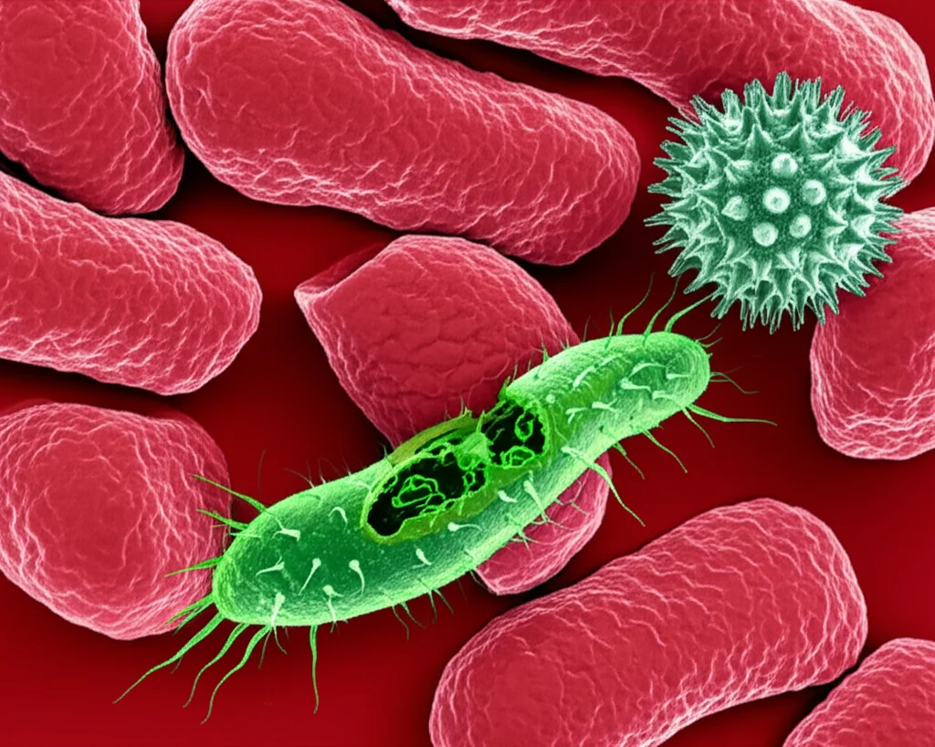 Micrografia elettronica stilizzata che mostra un parassita della malaria (Plasmodium) all'interno di un globulo rosso e un virus dell'epatite B (HBV) vicino a cellule epatiche. Obiettivo macro 105mm, alta definizione, colori contrastanti per distinguere i patogeni e le cellule umane.