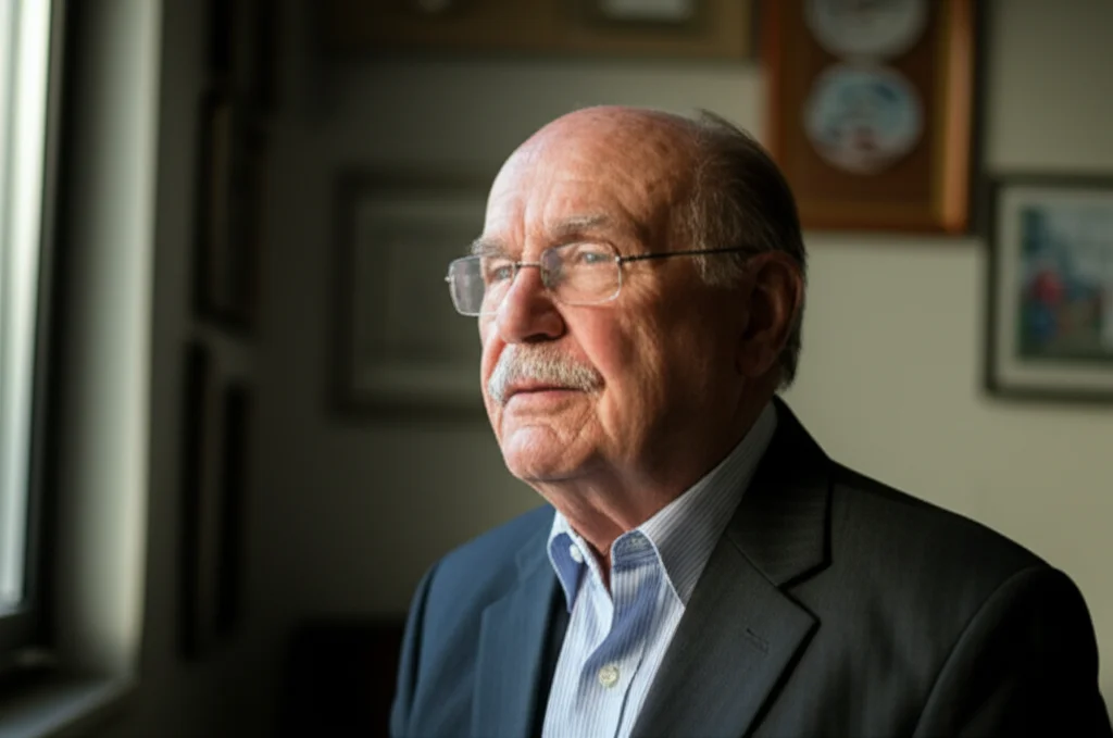 Ritratto di un docente di medicina esperto che riflette nel suo studio, luce soffusa da una finestra laterale, profondità di campo, obiettivo 50mm prime, atmosfera pensierosa.