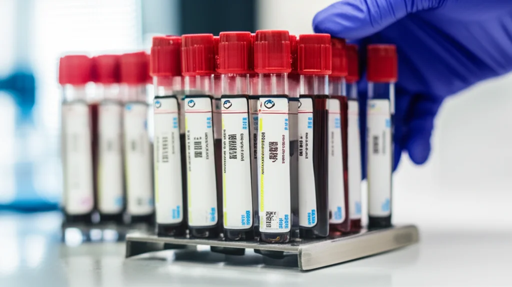 Primo piano di una provetta di sangue etichettata in un rack all'interno di un laboratorio clinico moderno e luminoso, luce controllata e precisa, obiettivo macro 100mm, alta definizione dei dettagli sulla provetta con sfondo leggermente sfocato del laboratorio.