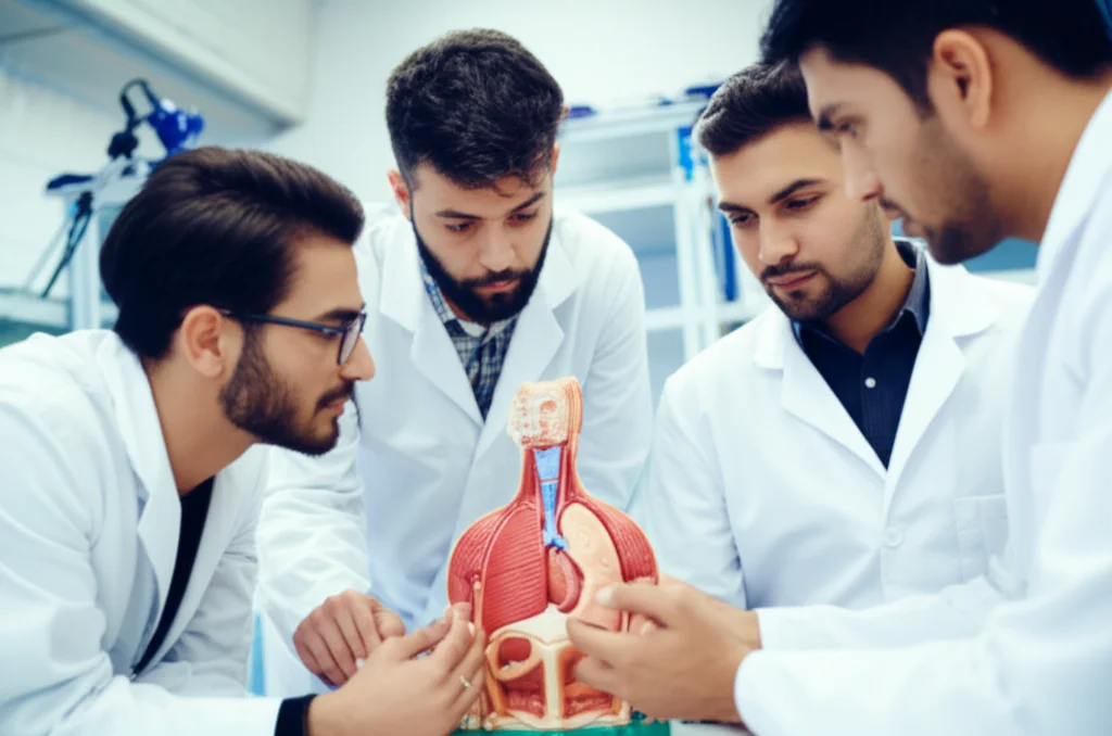 Studenti di medicina in un laboratorio moderno che lavorano insieme su un modello anatomico, alta definizione, illuminazione chiara e uniforme, obiettivo macro 60mm per dettagli.