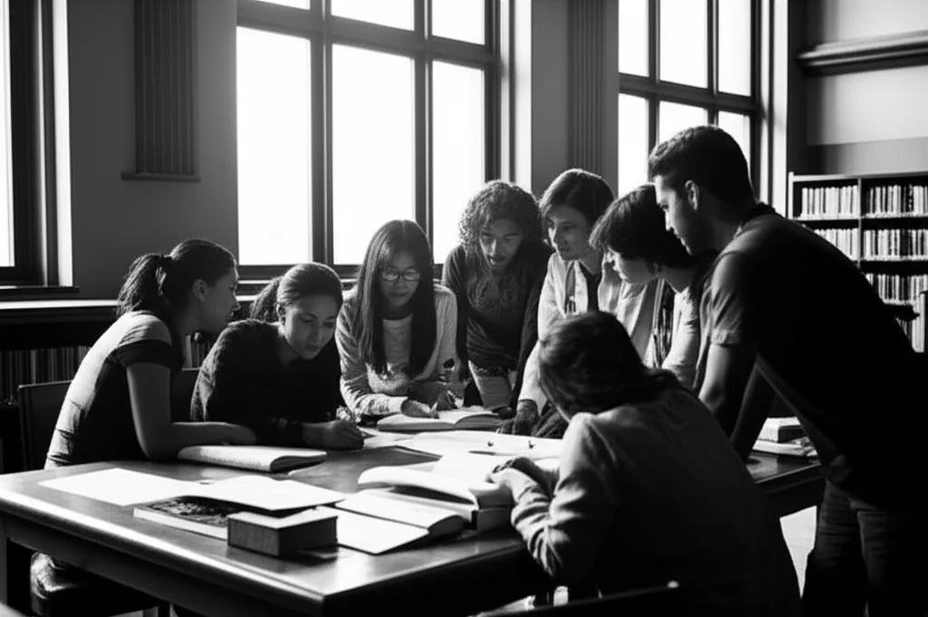 Fotografia di un gruppo diversificato di studenti di medicina che discutono animatamente attorno a un tavolo in biblioteca, luce naturale da grandi finestre, obiettivo 35mm, bianco e nero per un effetto documentaristico.