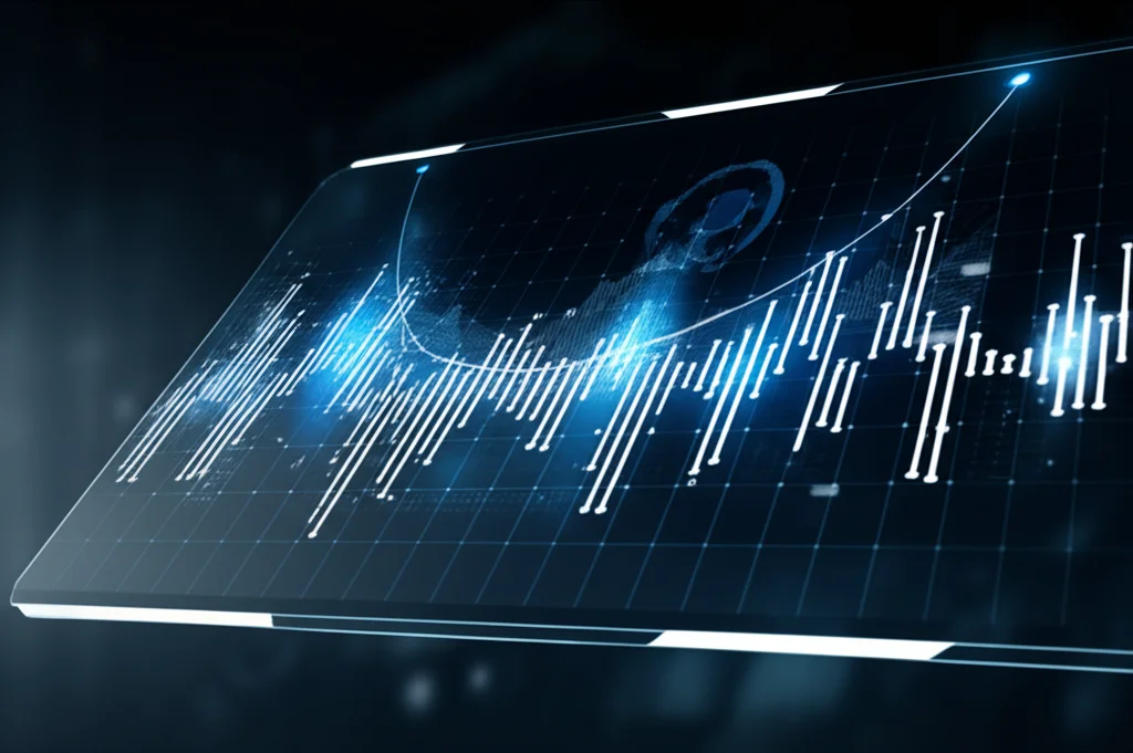 Visualizzazione astratta di dati biometrici su uno schermo digitale trasparente, con grafici lineari e punti dati fluttuanti che rappresentano marcatori ematici, stile high-tech, colori blu elettrico e bianco su sfondo scuro, obiettivo 50mm.