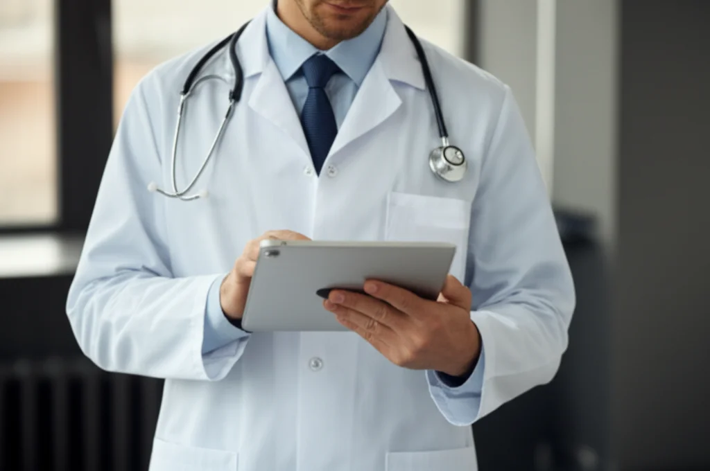Medico con camice bianco che esamina attentamente i risultati di laboratorio su un tablet digitale in uno studio medico moderno, luce soffusa da una finestra laterale, profondità di campo che sfoca lo sfondo, obiettivo prime 35mm.