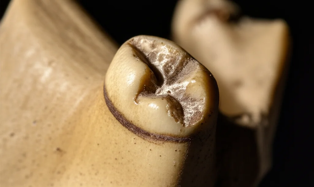 Primo piano fotorealistico di un dente fossile di ungulato (es. gazzella) proveniente da uno scavo archeologico. Il dente mostra evidenti segni di usura sulla superficie occlusale. Illuminazione da studio controllata per evidenziare i micro-dettagli. Obiettivo macro, 90mm, alta definizione, messa a fuoco precisa sul dente, sfondo leggermente sfocato con altri reperti archeologici.