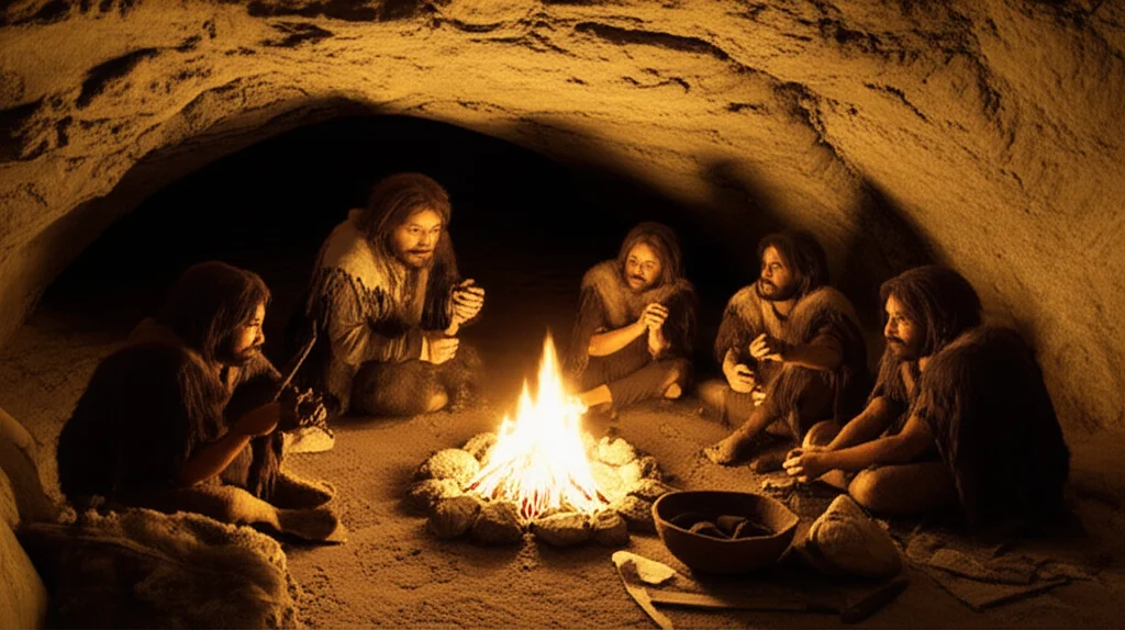 Ricostruzione fotorealistica di un piccolo gruppo di Neanderthal all'interno della Grotta di Amud durante l'inverno. Si intravede un focolare acceso al centro, alcuni individui lavorano pelli o strumenti litici, altri riposano. Luce soffusa proveniente dall'ingresso della grotta e dal fuoco. Scena d'insieme, obiettivo 35mm, atmosfera intima e realistica, dettagli sull'abbigliamento e sugli oggetti.