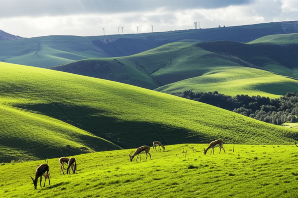 Paesaggio fotorealistico della regione della Galilea vicino alla Grotta di Amud, Israele, durante la stagione invernale/primaverile. Vegetazione mediterranea verdeggiante dopo le piogge, colline ondulate, cielo parzialmente nuvoloso. Un piccolo branco di gazzelle di montagna pascola in lontananza. Obiettivo grandangolare, 24mm, luce naturale brillante, messa a fuoco nitida su tutto il paesaggio, colori vividi.