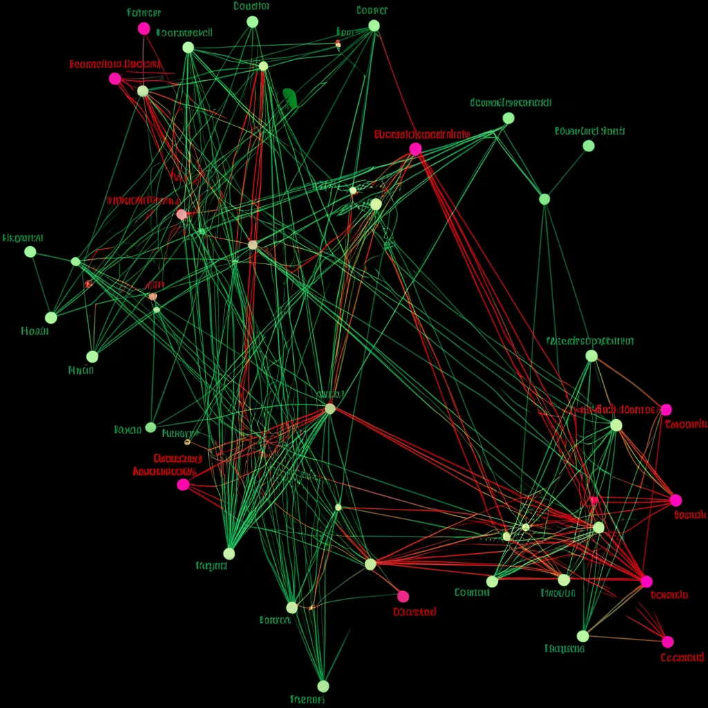 Visualizzazione grafica astratta di una rete complessa di interazioni molecolari, con nodi che rappresentano geni e metaboliti collegati da linee colorate che indicano correlazioni positive (verdi) e negative (rosse), su sfondo scuro per evidenziare la complessità dei dati omici.