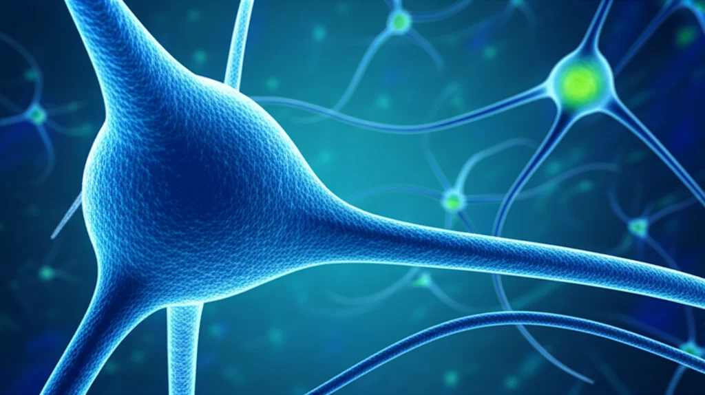 Immagine microscopica stilizzata e fotorealistica di neuroni (blu) e cellule epiteliali intestinali (verdi) interconnessi da sottili filamenti luminosi, a simboleggiare l'asse cervello-intestino. Macro lens, 100mm, high detail, controlled lighting, duotone blu e verde.