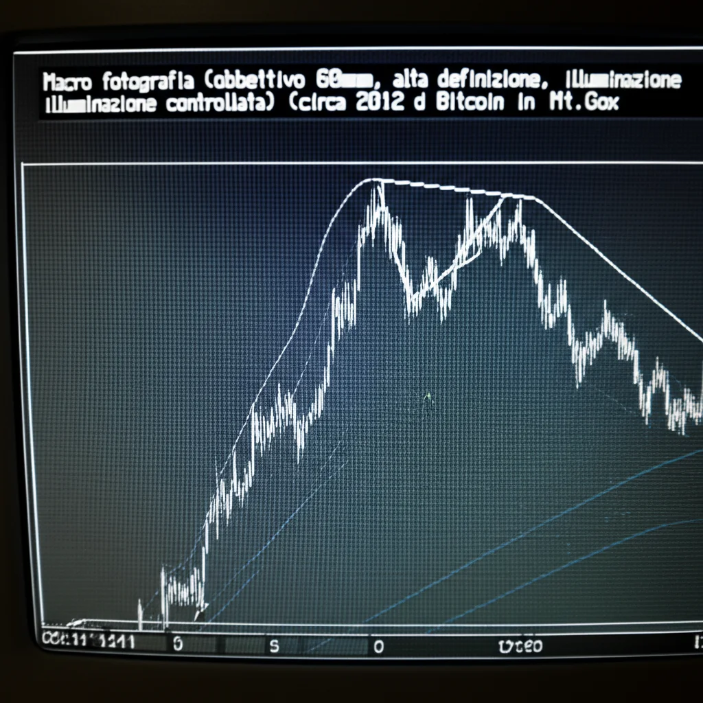 Macro fotografia (obiettivo 60mm, alta definizione, illuminazione controllata) di uno schermo di computer vintage (circa 2012) che mostra un grafico a candele del prezzo di Bitcoin su Mt.Gox. Sul grafico è visibile un pattern tecnico come un 'testa e spalle invertito' in formazione, con linee di tendenza disegnate. L'atmosfera è concentrata e leggermente cupa.