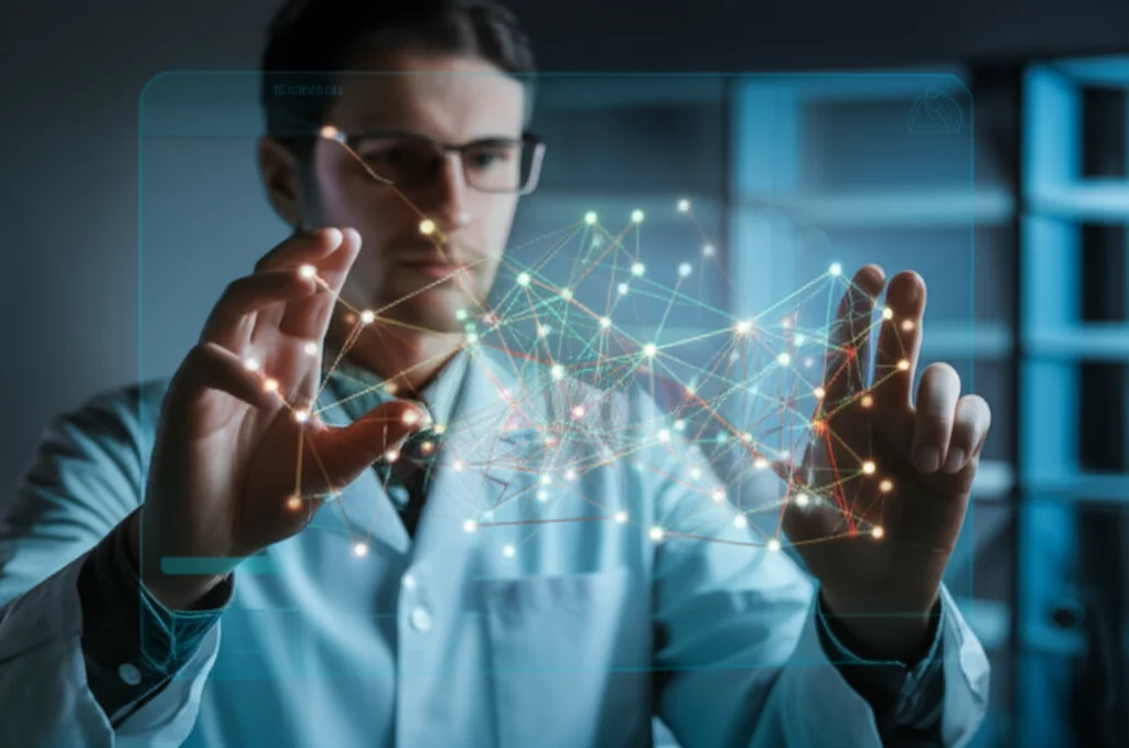Un ricercatore osserva uno schermo olografico futuristico che mostra una complessa rete tridimensionale di interazioni genetiche colorate, con punti luminosi che evidenziano connessioni significative. Prime lens, 35mm, depth of field, luce soffusa ambientale.