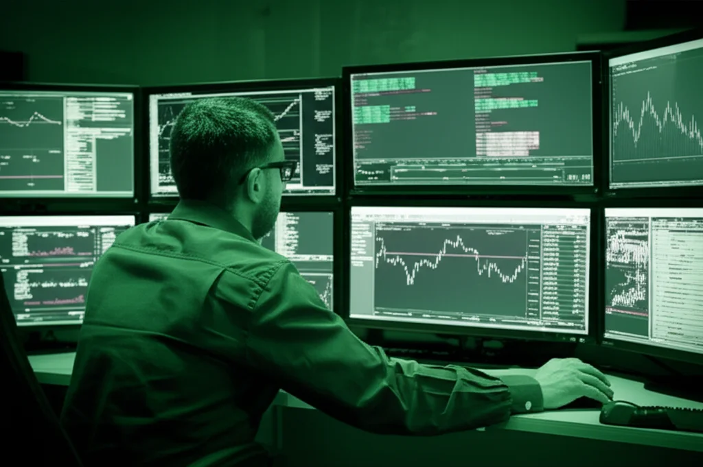 Ritratto (obiettivo 35mm, profondità di campo, duotone verde e nero) di un trader concentrato davanti a più monitor che mostrano grafici Bitcoin complessi e flussi di dati. L'illuminazione è drammatica, stile film noir, enfatizzando la tensione e la potenziale natura speculativa ('gambling') del trading basato su pattern tecnici nel volatile mercato iniziale di Bitcoin.