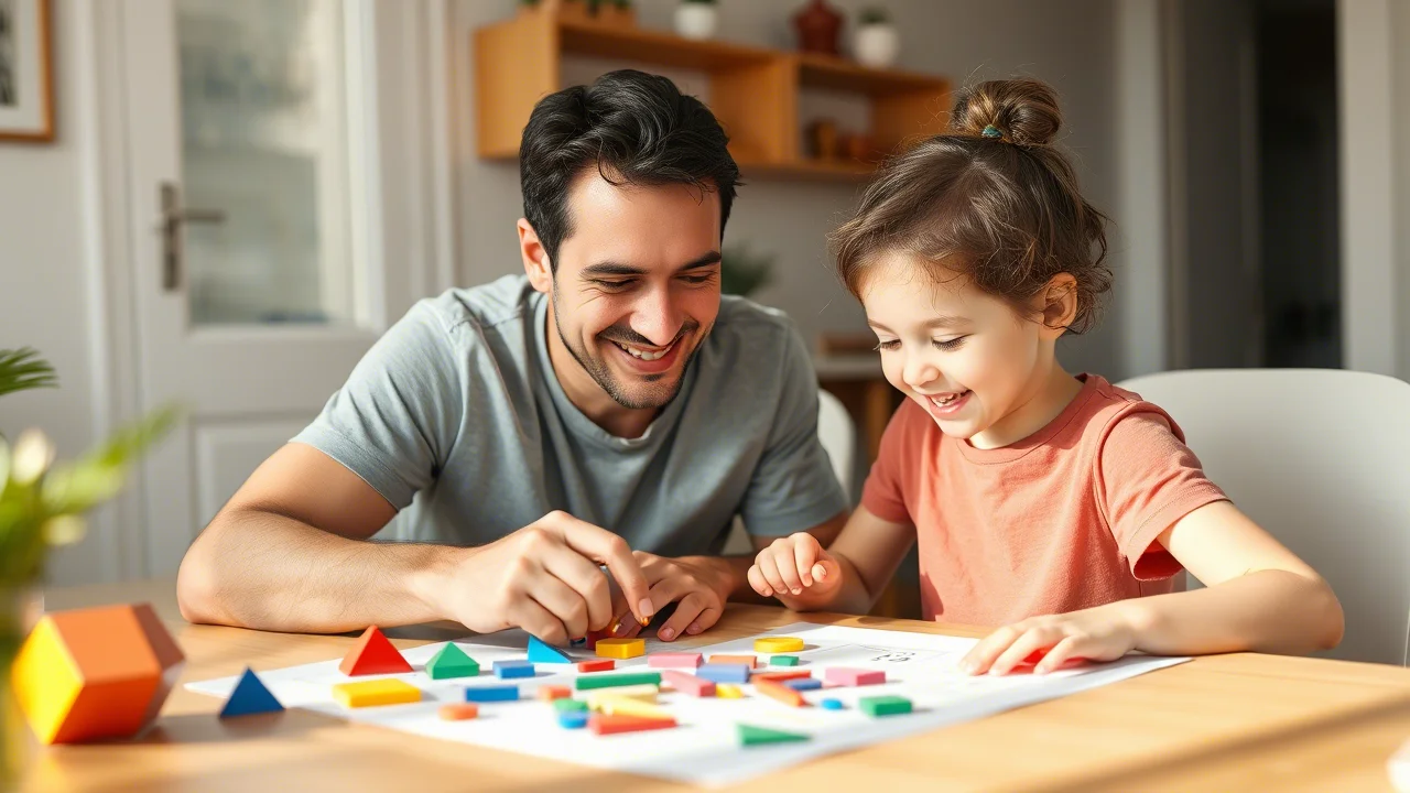 Un genitore e un bambino sorridenti seduti a un tavolo a casa, co-progettano un'attività matematica con forme geometriche colorate e fogli di carta, luce naturale soffusa, prime lens 35mm, profondità di campo che sfoca leggermente lo sfondo.