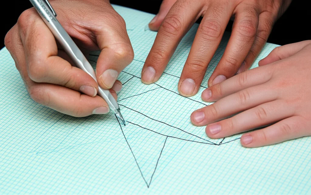 Primo piano di mani di un adulto e di un bambino che indicano un disegno geometrico su un foglio a quadretti, evidenziando il processo di apprendimento matematico condiviso, obiettivo macro 100mm, alta definizione, messa a fuoco precisa sui dettagli del disegno.