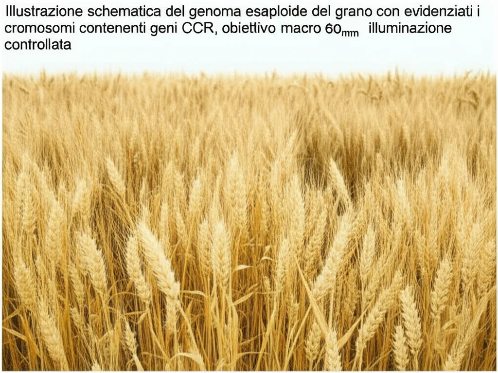 Illustrazione schematica del genoma esaploide del grano con evidenziati i cromosomi contenenti geni CCR, obiettivo macro 60mm, alta definizione, illuminazione controllata per chiarezza didattica.