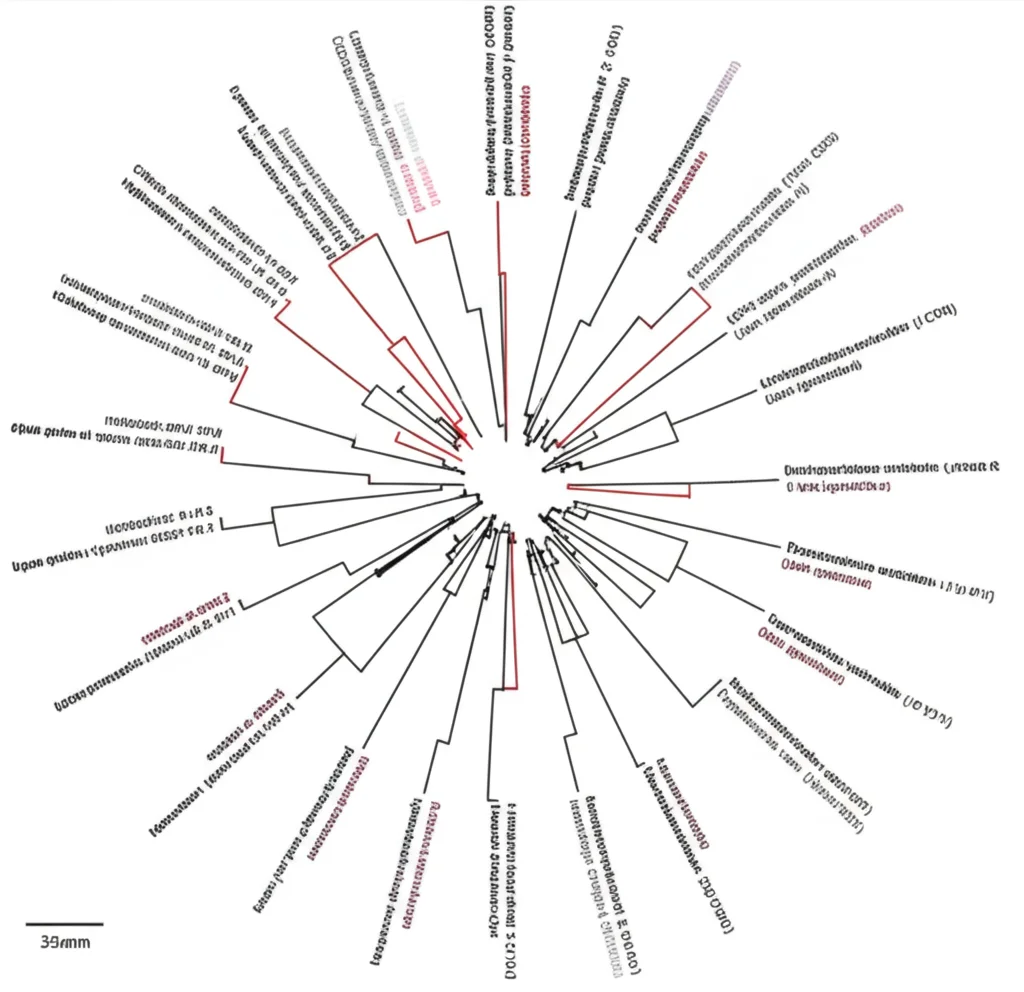 Albero filogenetico che mostra le relazioni evolutive tra i geni CCR del grano e di altre specie vegetali, visualizzazione grafica chiara, obiettivo prime 35mm, stile infografica scientifica.
