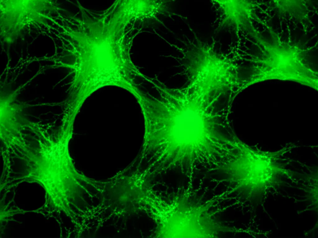Immagine fotorealistica di cellule staminali mesenchimali umane (HUC-MSC) in coltura sotto un microscopio a fluorescenza. Alcune cellule brillano di verde (indicando l'espressione di un gene marcatore come EGFP o CRISPLD2-EGFP). Obiettivo macro, 100mm, alta definizione, illuminazione controllata da laboratorio, sfondo scuro per enfatizzare la fluorescenza.