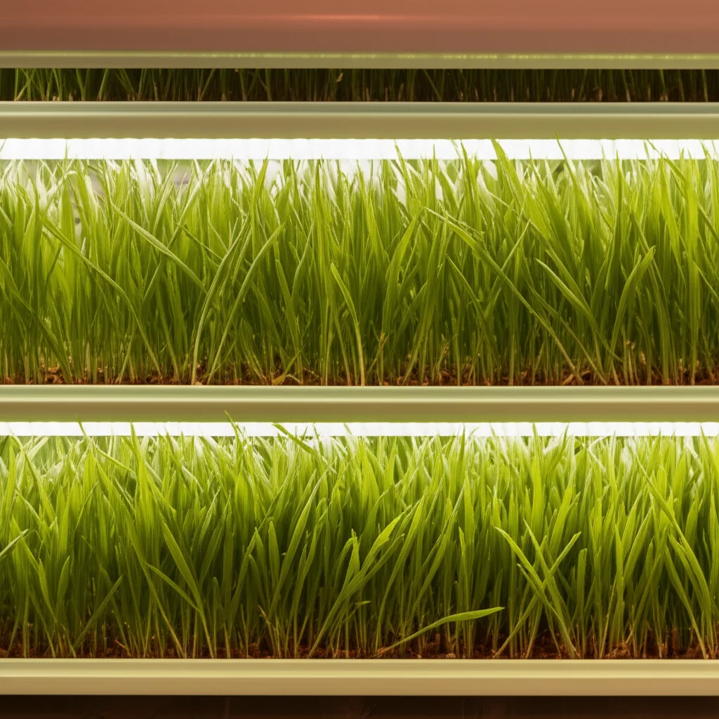 Piantine di grano in camera di crescita sottoposte a stress controllato (caldo/luce intensa), obiettivo prime 50mm, profondità di campo ridotta per focalizzare sulle piantine, illuminazione artificiale controllata.