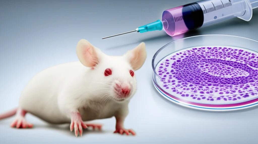 Immagine fotorealistica di un topo da laboratorio albino (BALB/c) in un ambiente controllato SPF (Specific Pathogen-Free). Accanto, una piastra di Petri con cellule staminali e una siringa che simboleggia l'infusione cellulare. Lente zoom, 50mm, profondità di campo ridotta per focalizzare sul topo, illuminazione da laboratorio chiara e uniforme.